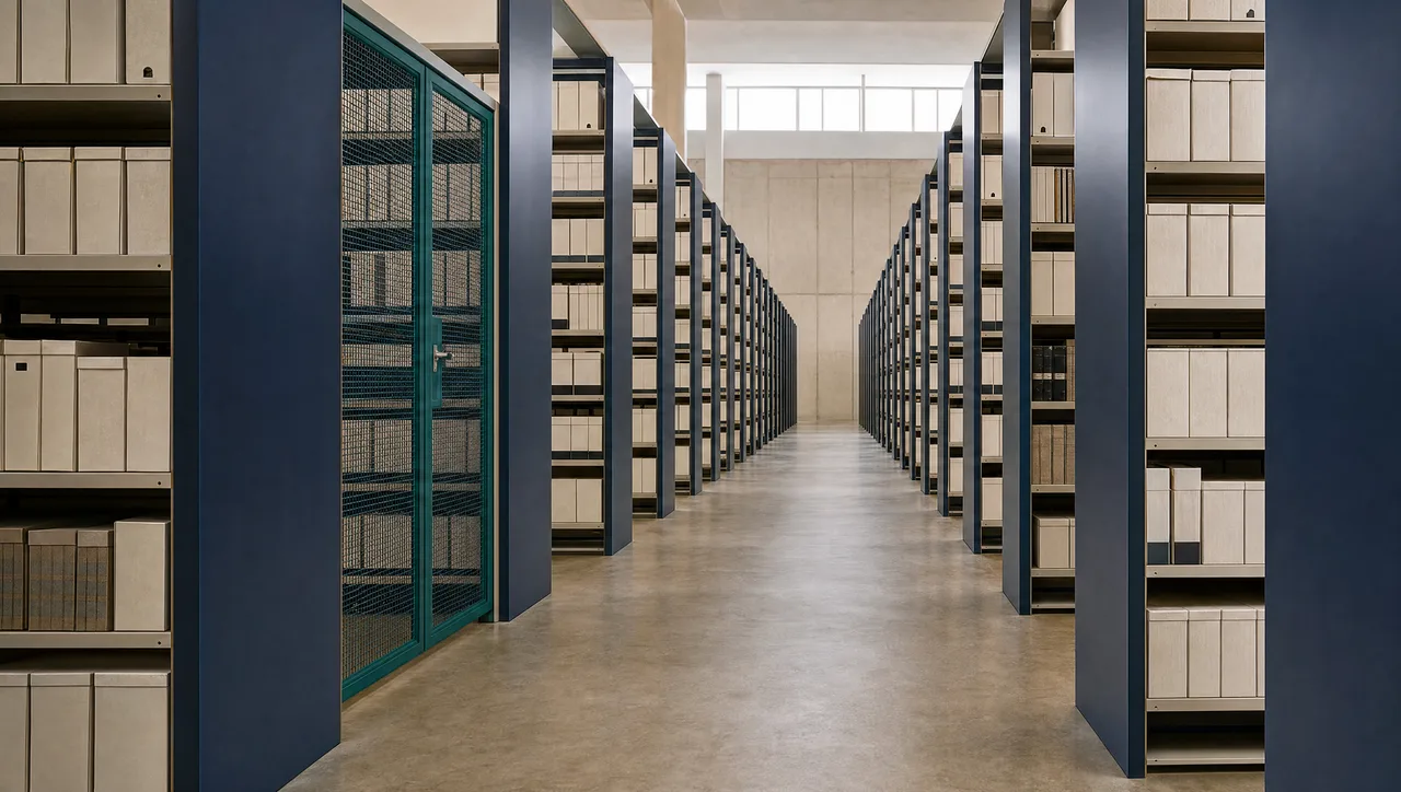 View down the central corridor of an institutional records archive where most shelving aisles stand open and one aisle is closed behind a fine teal-framed steel mesh screen, showing access granted selectively rather than universally.