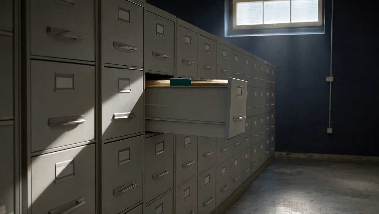 A dim institutional records room where one filing drawer stands half-open in a narrow shaft of daylight, its teal-tabbed file suddenly visible among long rows of closed drawers, suggesting the end of security by obscurity.