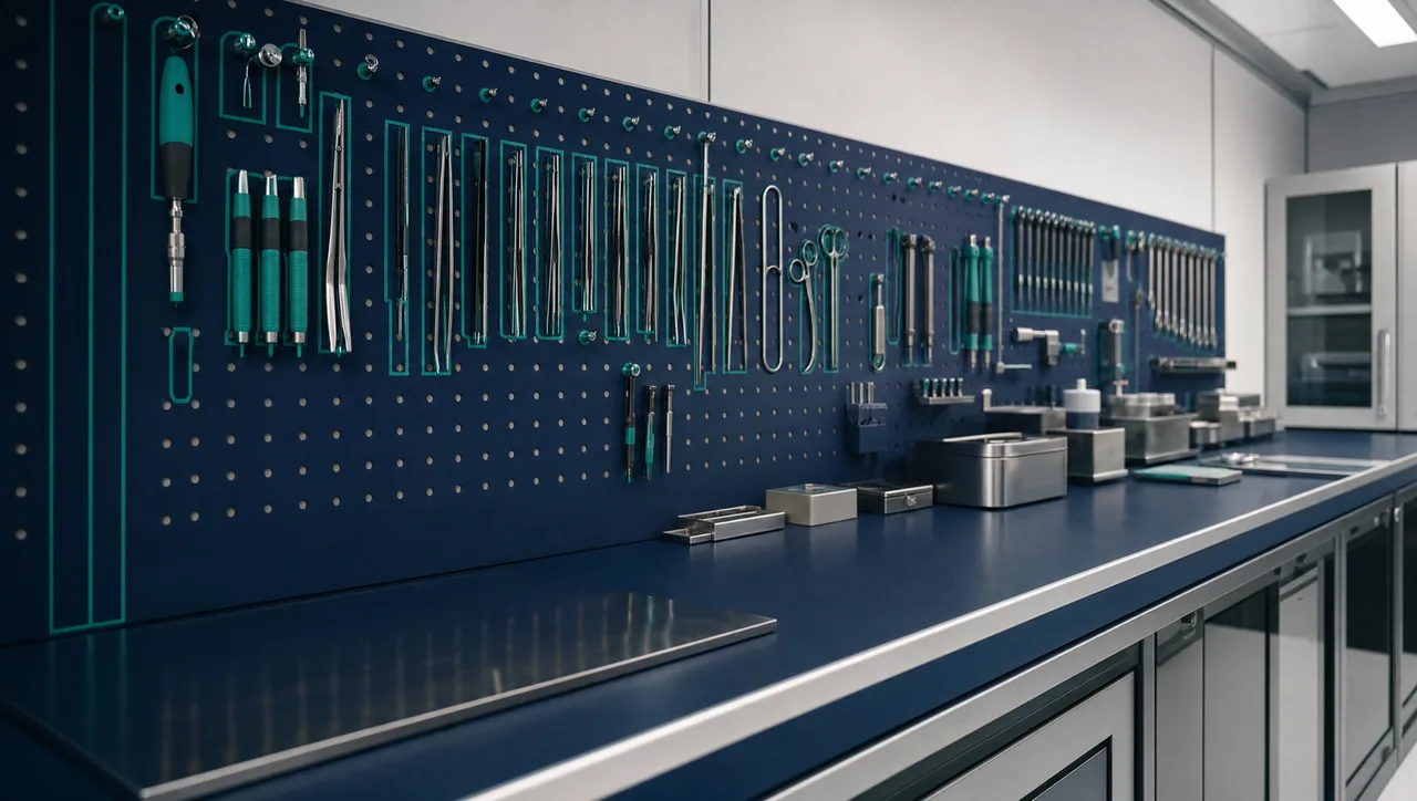 A precision-organised specialist workbench in a secure operations facility, with instruments hung on a shadow-board tool wall in marked outlined positions, in navy and warm grey tones with teal-marked grips.
