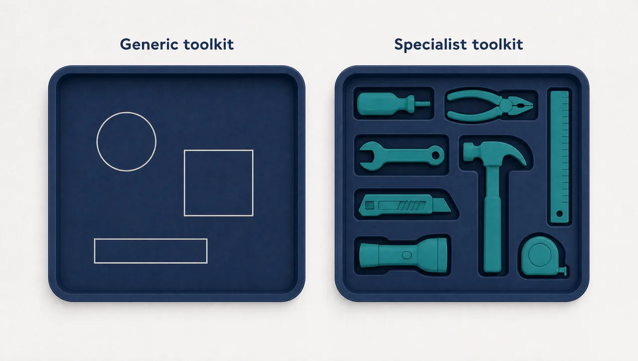 Flat infographic of two identical equipment trays side by side, a sparse Generic toolkit tray of plain outlined shapes and a fitted Specialist toolkit tray of purpose-shaped teal tools, showing the same governed frame holding different contents.