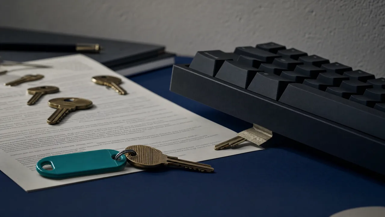 Loose brass keys scattered across printed pages on an office desk with one more key taped beneath the edge of a keyboard, suggesting service credentials left in personal scripts instead of held centrally.