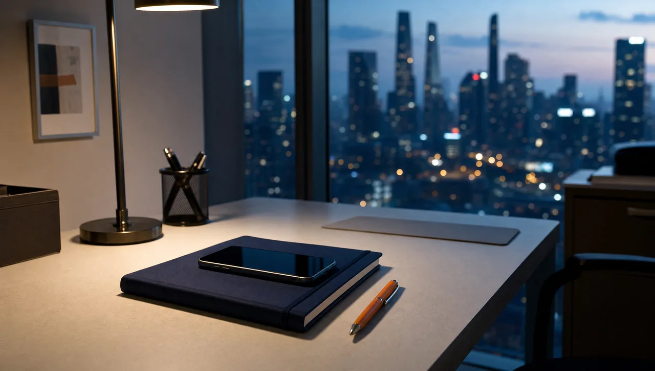 An executive desk at dusk with a phone lying screen-off on a closed navy notebook beside a single orange pen, city lights coming on through the window beyond, suggesting work that continues beyond the desk.