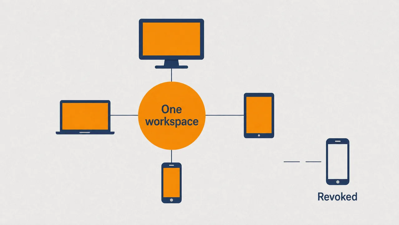 Flat infographic of an orange circle labelled One workspace linked by thin lines to navy device silhouettes whose screens are plain flat orange blocks, with one phone disconnected and labelled Revoked, showing every device as a revocable window onto the same cloud workspace.