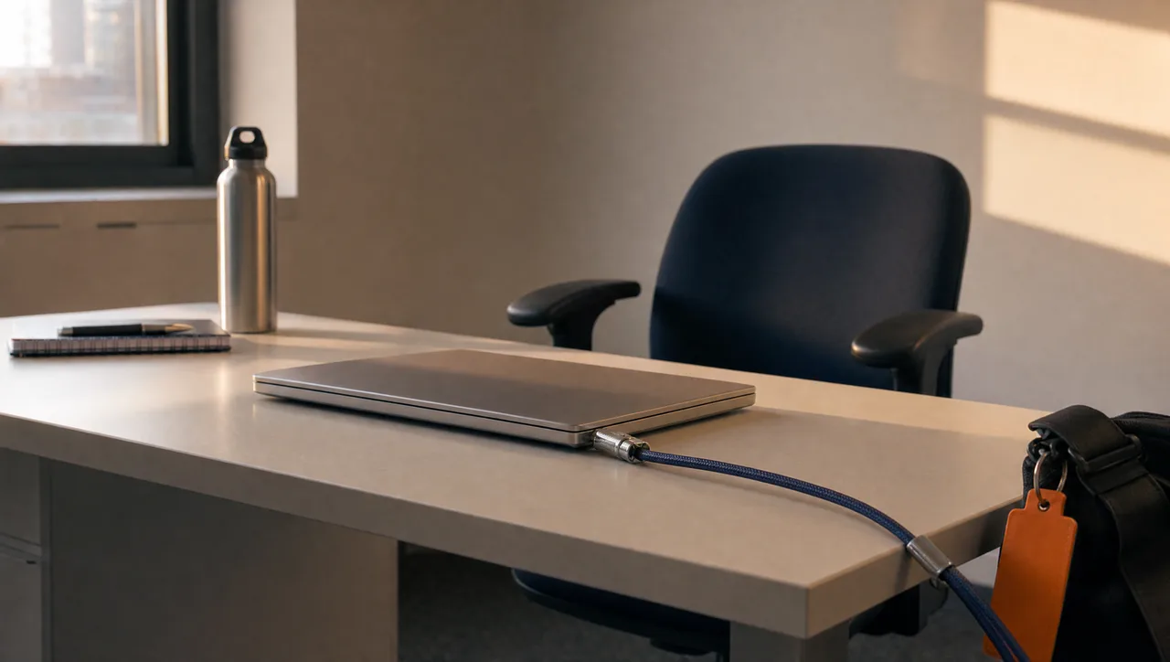 A closed laptop tethered to an institutional office desk by a steel security cable, the chair pushed back and empty in late afternoon light, suggesting work that stays trapped on one machine when the person leaves.