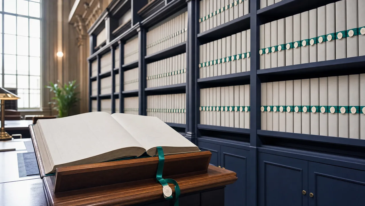 A civic registry room lined with rows of matching grey-spined ledgers sealed with teal ribbon bands, one ledger lying open on a reading stand in the foreground, evoking a complete record that stands ready for inspection.