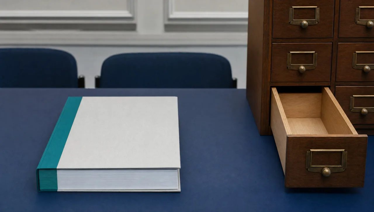 An immaculate bound policy volume sits closed on a navy table beside a pulled-open card-catalogue drawer that is completely empty, staging the gap between a signed AI policy and the audit evidence to back it.