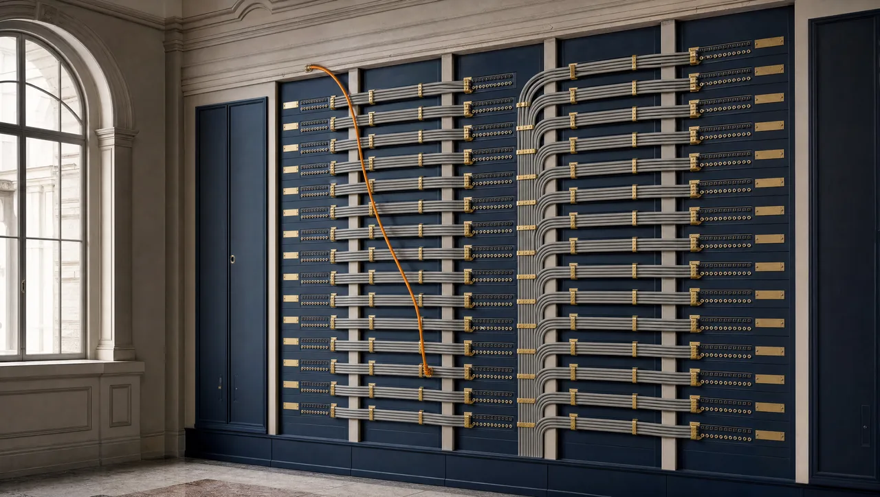 A meticulously ordered telecommunications patch panel wall in a heritage civic building, with navy panels, neatly routed pale grey cables and a single orange cable tracing one deliberate connection.