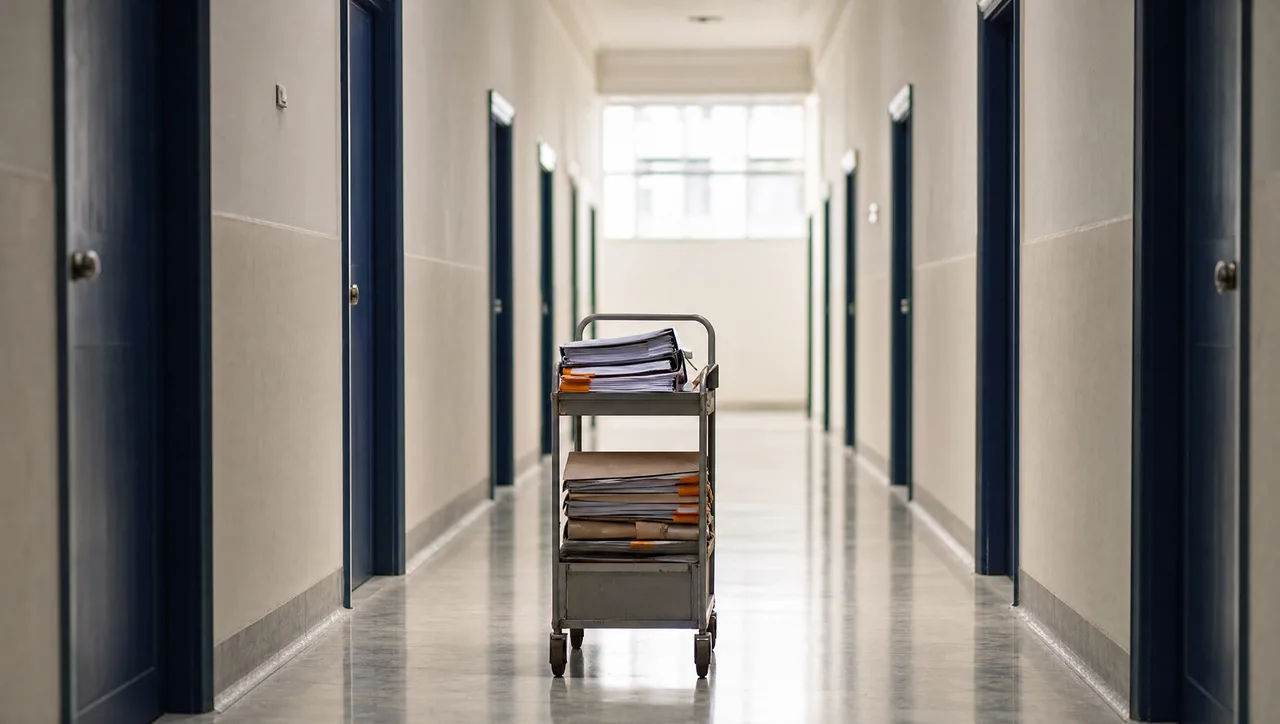 A loaded document trolley stacked with paper files standing halfway along a long empty institutional corridor between two departments, suggesting staff manually carrying information between systems.