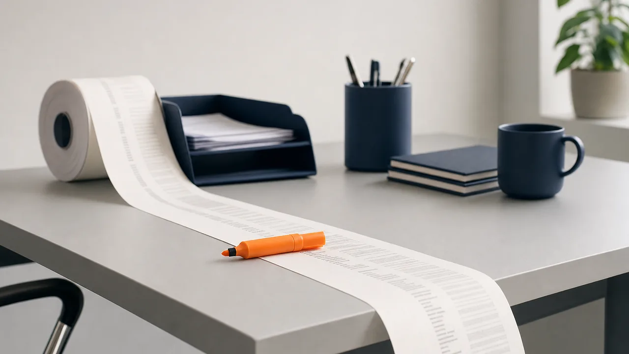 A calm finance office desk with a long paper invoice unspooling across it in warm grey and navy tones, a single orange marker resting on one line.