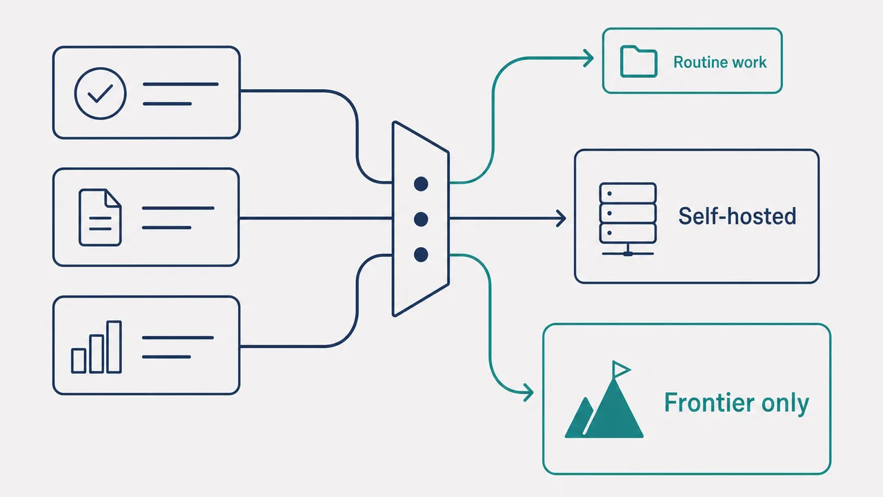 Flat infographic showing three work items flowing into a sorting gate that routes them to a cheap model, a self-hosted model, and a frontier model, in warm grey, navy and teal.