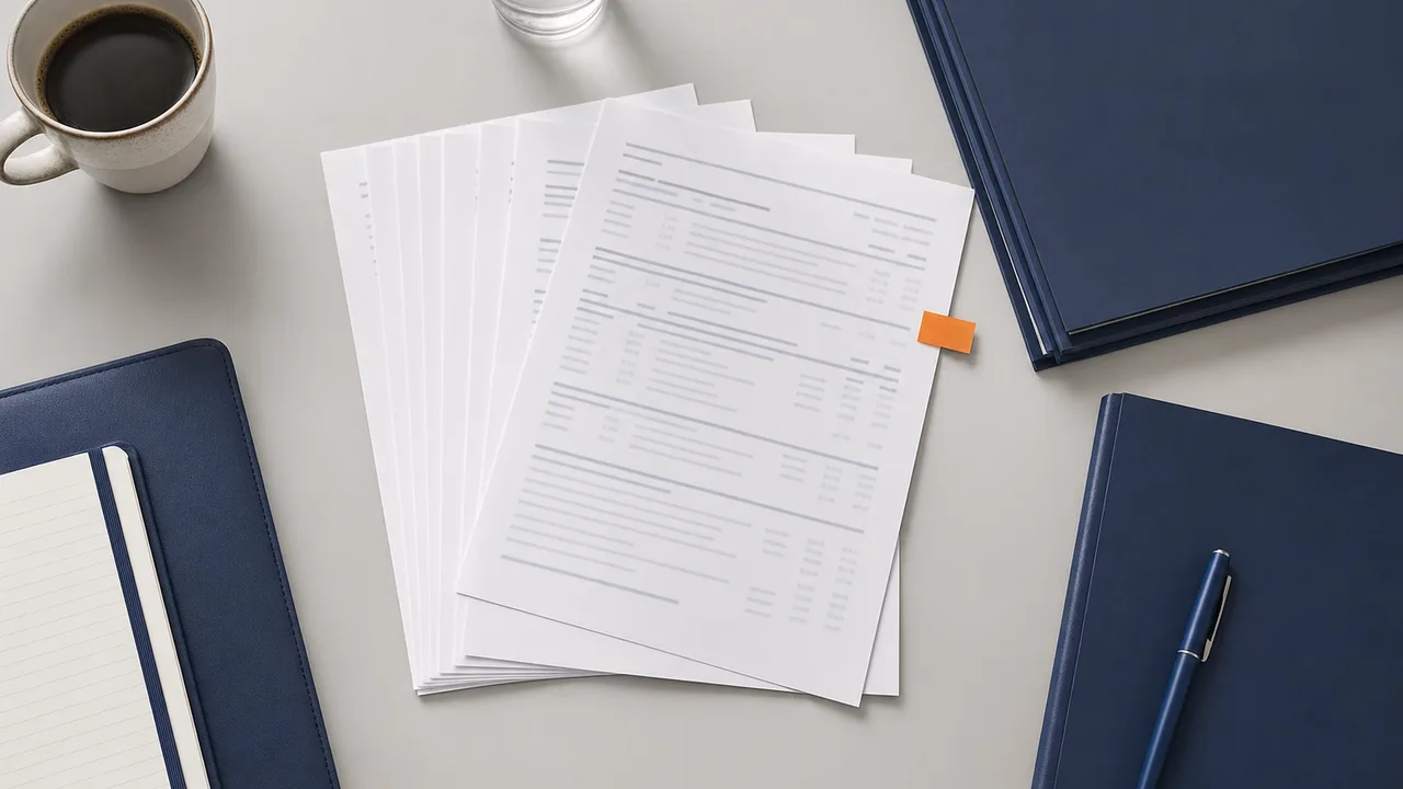 A finance office desk with a long paper invoice unspooling across it, a single orange marker resting on one line, in warm grey and navy tones.