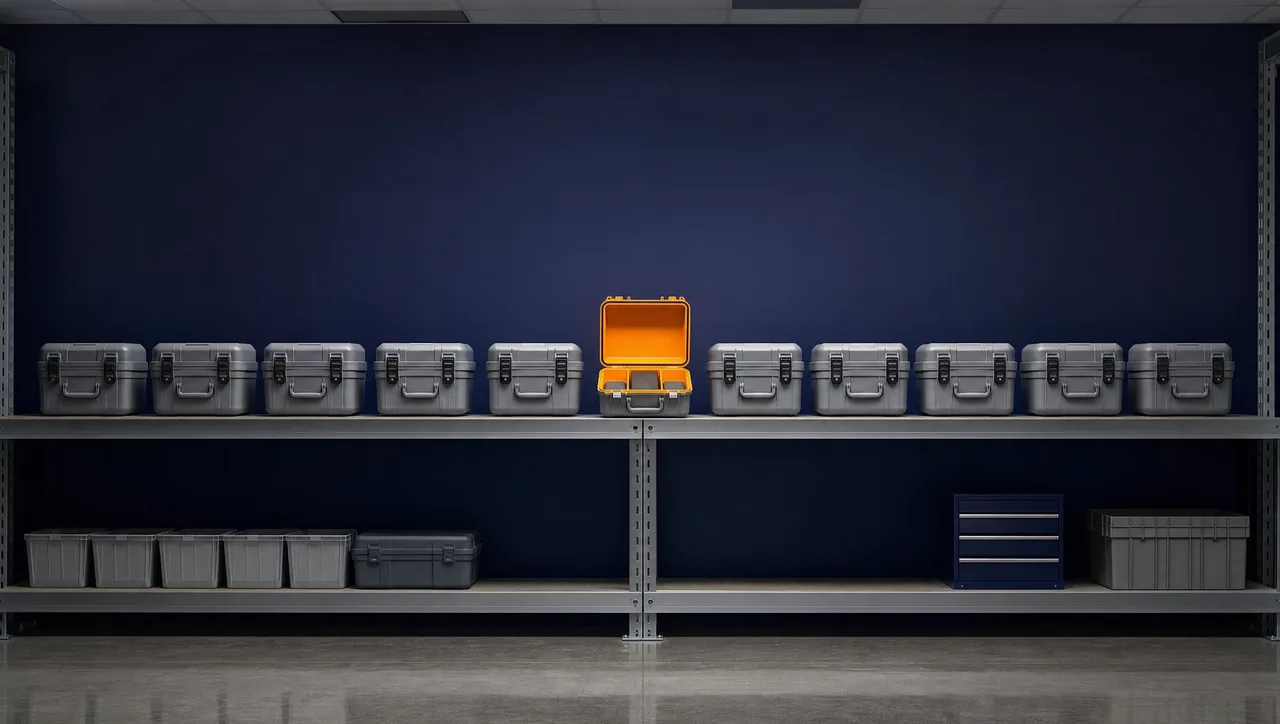 A government supply room shelf holding a long row of identical grey equipment cases, with one open case revealing an orange interior, suggesting standard-issue provisioning that fits nobody in particular.