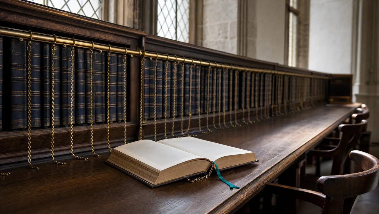 A heritage chained library where rows of navy-bound books are secured to a brass shelf rail by slender chains, with one volume lying open and readable on the oak desk below, a teal ribbon marking the page.