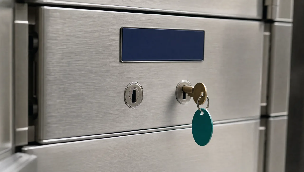 Close-up of a brushed-metal safe-deposit box door with two keyholes side by side, a key on a teal fob resting in one while the other sits empty, suggesting files stored securely but still dependent on someone else's key.