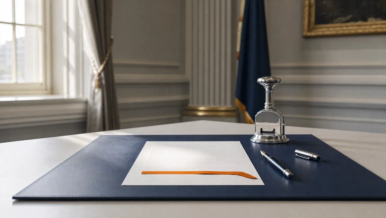 A single document squared precisely on a navy leather desk blotter with a fountain pen and an embossing seal press beside it, an orange ribbon marking the signature line, in soft morning light.