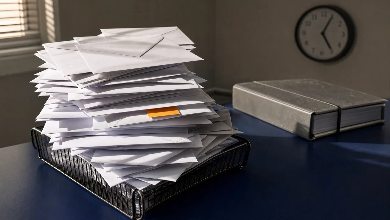 A wire out-tray piled high with sealed blank envelopes at the front of a navy desk in late-afternoon light, while a thick policy binder sits closed and untouched in the far corner beneath a wall clock nearing five.