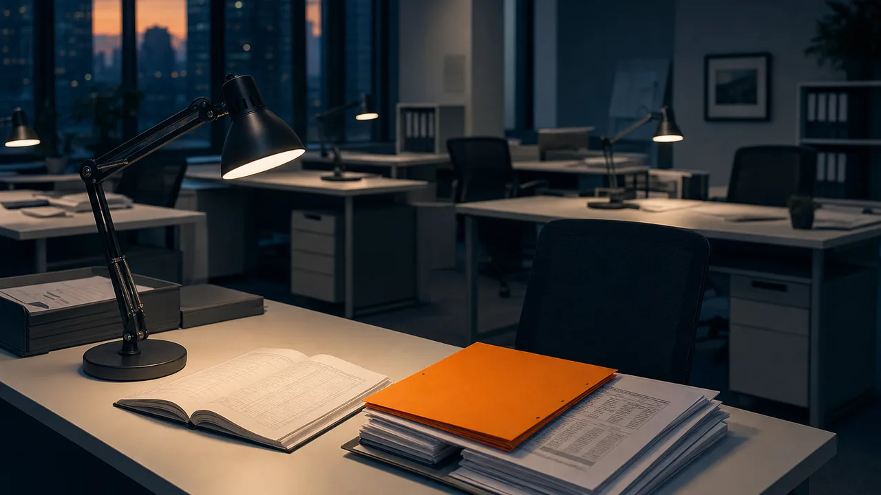 A quiet finance department at dusk with a single desk lamp lit over an open ledger, warm grey and navy tones, one orange folder marking a spend review.