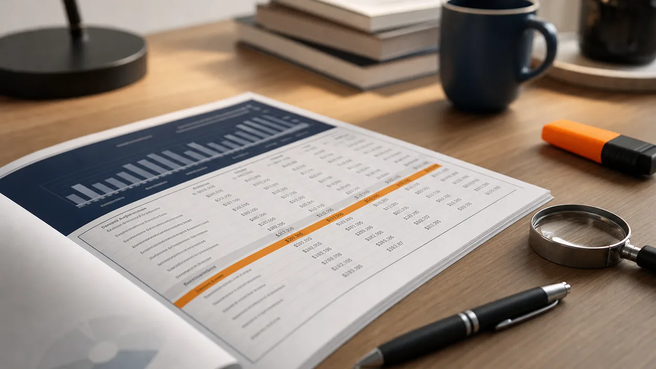 A quiet finance department reviewing a spend report by lamplight, warm grey and navy tones with a single orange folder.