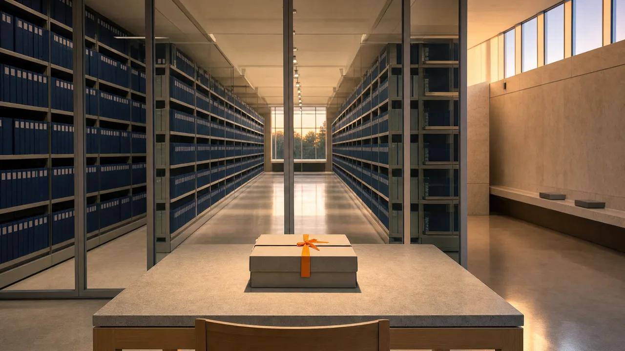 A secure government archive reading room at dusk with tall shelves of navy record volumes behind a glass security partition and a single teal-strapped document box on the reading table, conveying business data held in deliberate custody.