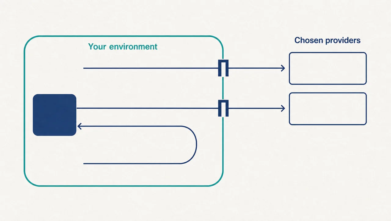 Flat infographic of a governed workspace with three provider lanes, two passing through checkpoint gates to outside providers labelled Chosen providers and one looping entirely inside a teal boundary labelled Your environment, showing the private lane never crosses out.