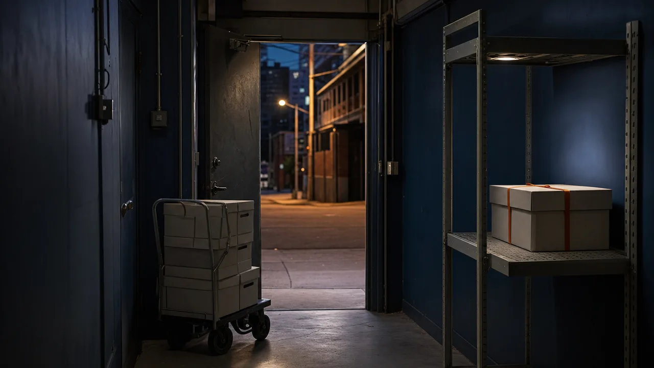 An office service door propped open onto a dusk street with a trolley of unmarked grey document boxes about to leave the building, while a single teal-sealed box sits apart on a shelf under a pool of light, suggesting data leaving through ungoverned channels.
