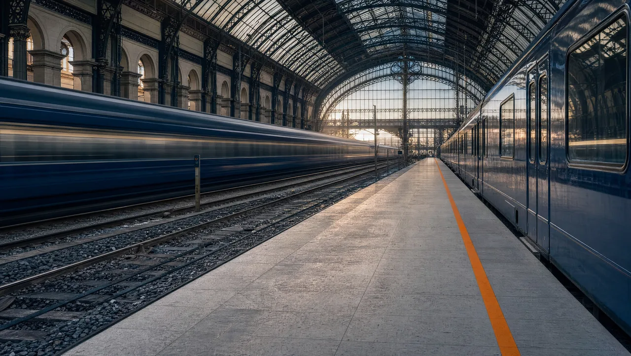 A grand vaulted railway terminus at first light where one navy train stands at a long stone platform and a second passes in motion blur, a continuous orange platform-edge line running the length of the frame, suggesting the platform stays while the trains change.