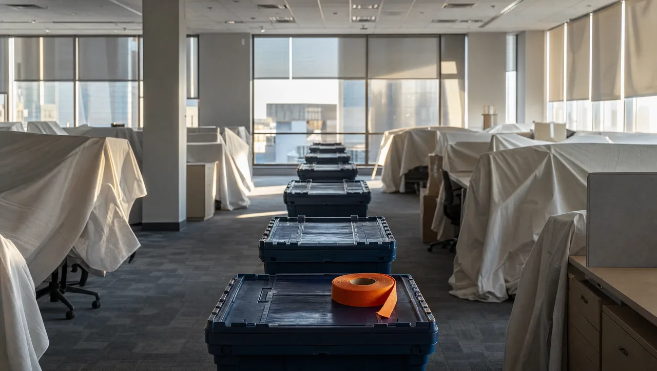An institutional office floor caught mid-relocation, desks shrouded in pale dust sheets beside a long aisle of latched navy moving crates with a single orange packing strap on the nearest crate, conveying the recurring cost of switching platforms.