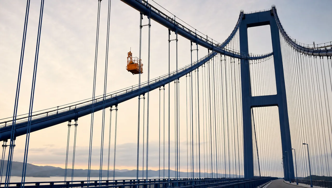 Looking up a suspension bridge tower at dawn, its dense array of redundant navy suspender cables against a pale grey sky with a single orange inspection cradle on the nearest cable, conveying a critical dependency engineered with many load paths and active stewardship.
