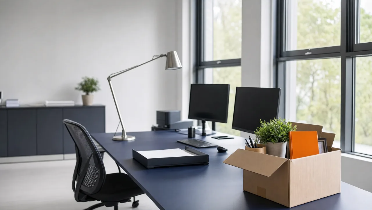 A small open moving box of personal desk items with a bright orange notebook resting on the corner of a large, well-equipped institutional desk beneath tall windows in morning light.