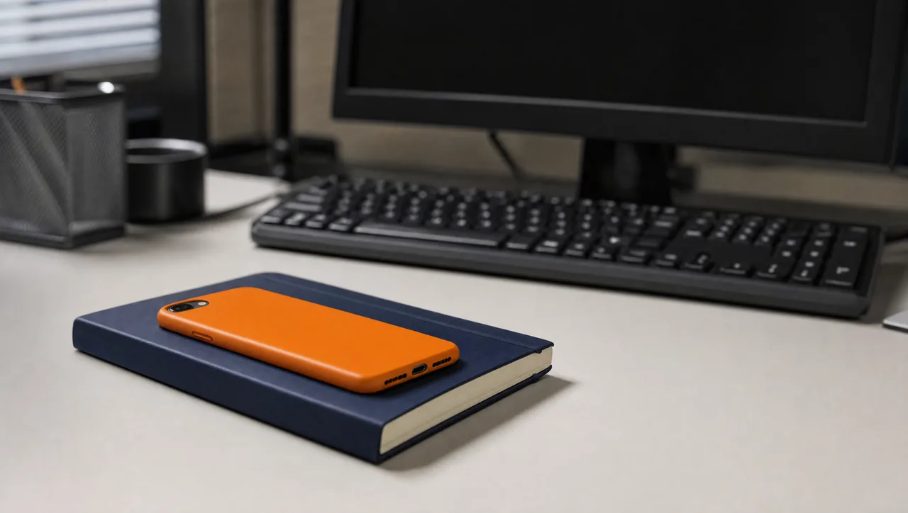 A personal smartphone in an orange case lying face-down on a navy notebook at the front edge of a desk, while standard-issue office equipment sits pushed toward the back, suggesting where the real work has gone.