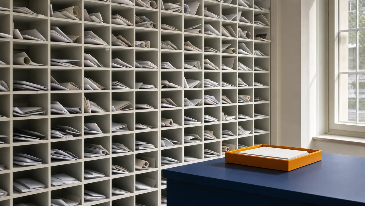 An institutional mailroom where a crowded floor-to-ceiling wall of small pigeonholes stuffed with envelopes stands beside a single tidy orange-lined delivery tray on a navy counter, contrasting many scattered subscriptions with one consolidated point of arrival.