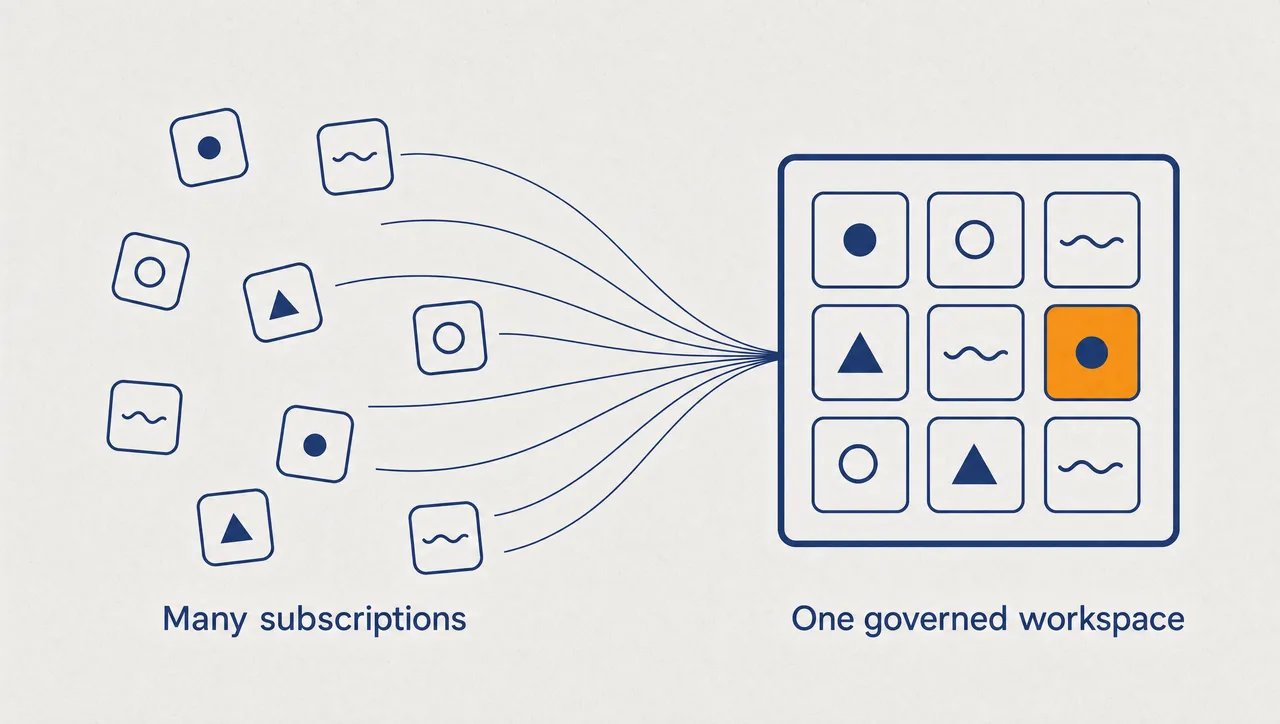 Flat infographic of scattered abstract app tiles converging along thin lines into one framed navy panel where the same tiles sit docked in a tidy grid, labelled Many subscriptions and One governed workspace.