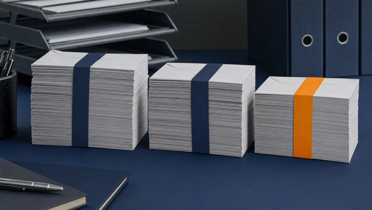 Three near-identical stacks of sealed blank grey envelopes bound with paper bands sit side by side on a navy desk, one band orange, suggesting overlapping subscription renewals that all pay for broadly the same job.
