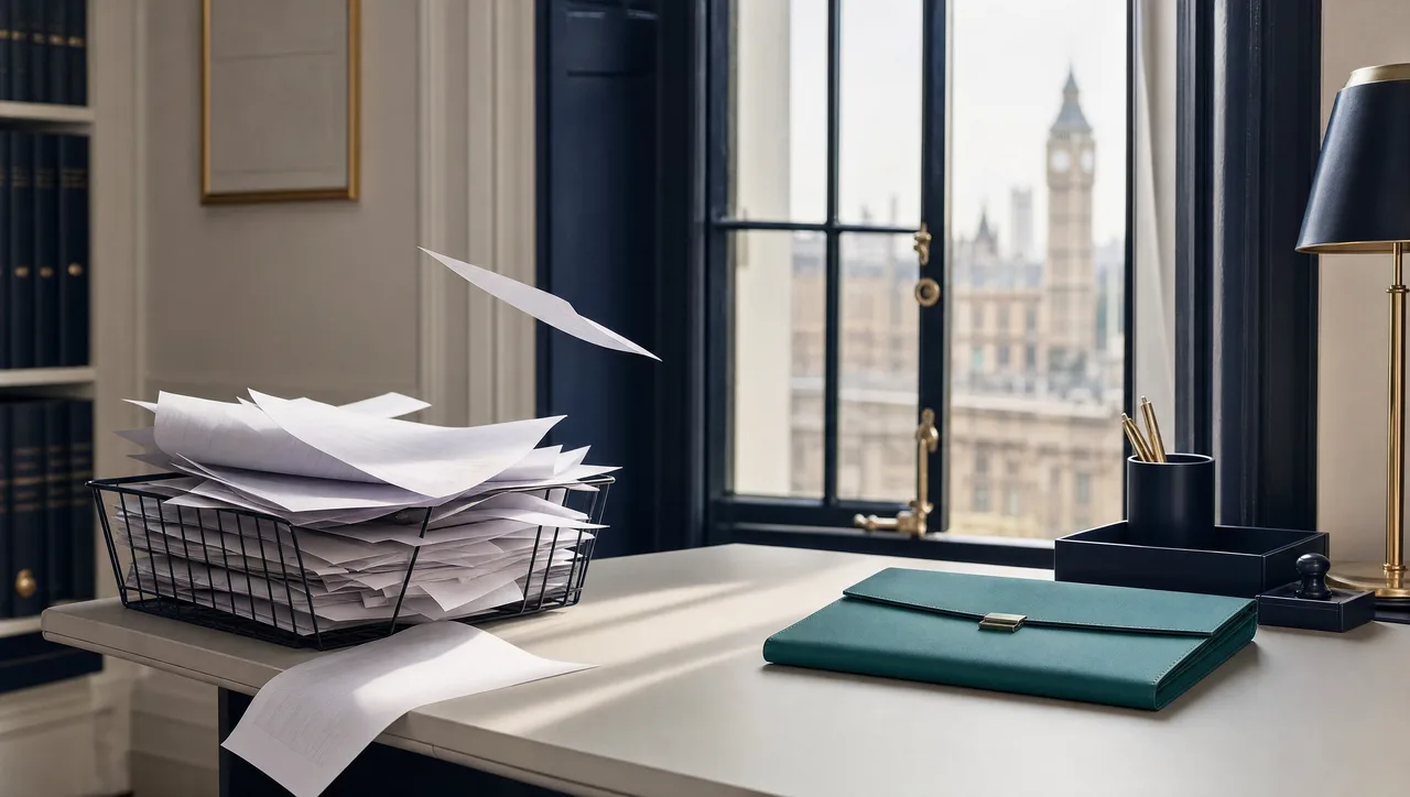 A desk by an open window where loose papers lift from an open outbox tray in the draught, beside a closed teal secure document wallet, contrasting an ungoverned route for company information with a governed one.
