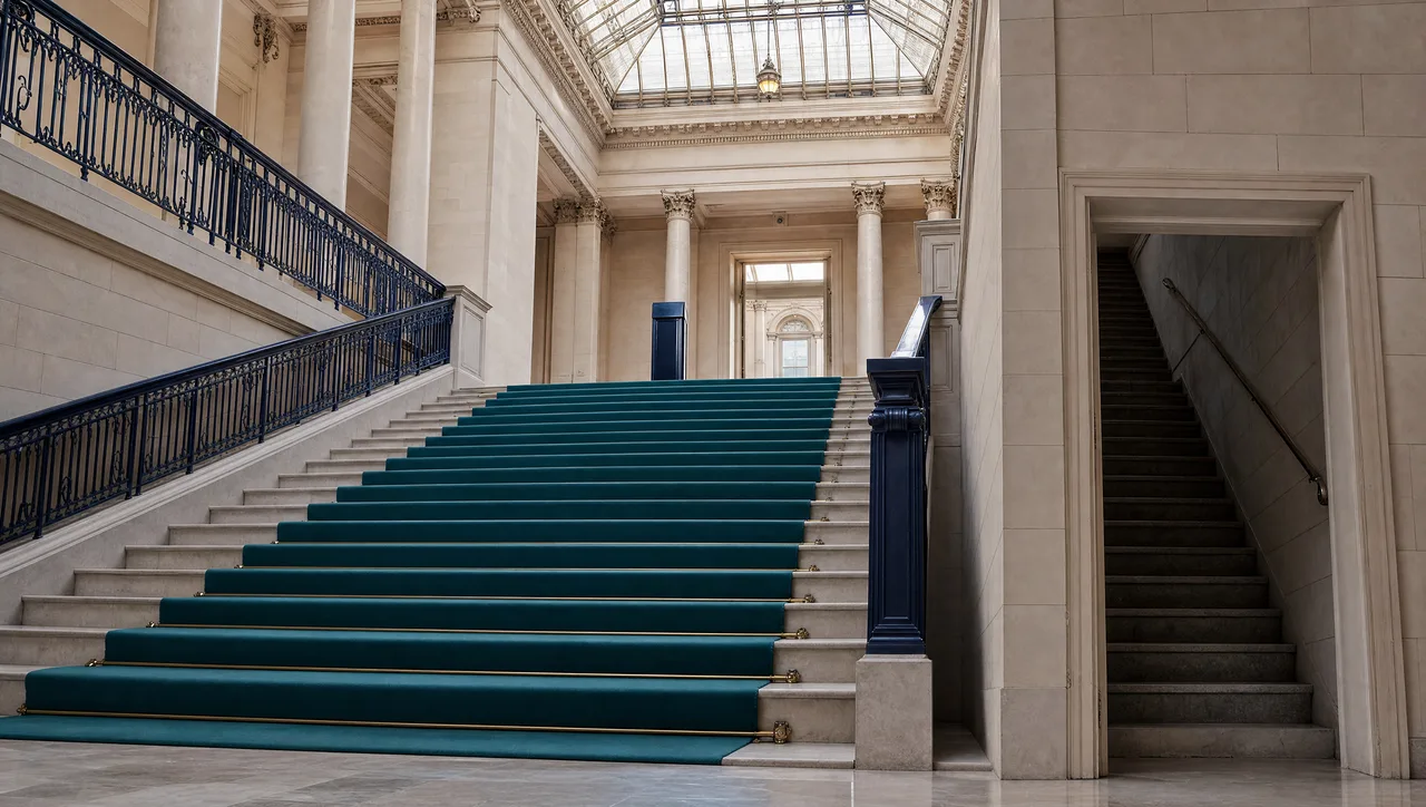 A wide, warmly lit civic staircase with a teal runner carpet beside a narrow dim service stair, showing the governed path made more inviting than the workaround.