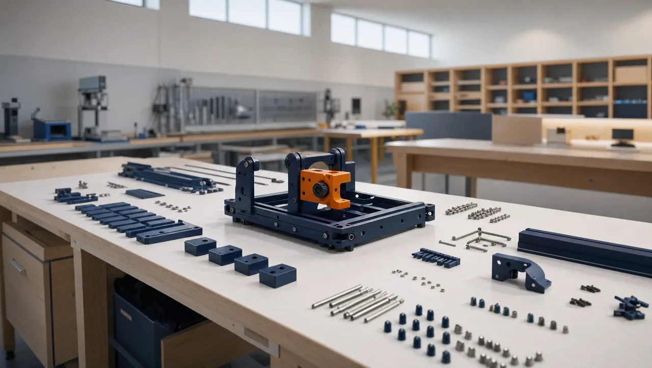 A bright institutional workshop bench with ordered rows of navy modular components and a small half-assembled device with one orange part just fitted, suggesting teams building their own small tools with precision.