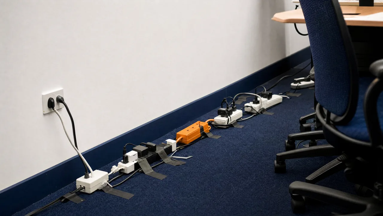 A daisy-chain of mismatched power boards and taped cables running from a single wall socket along an office skirting board, with one orange lead among the grey and navy, suggesting a business running on improvised, ungoverned tooling.